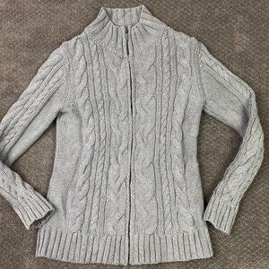 LL Bean Full Zip Cardigan Sweater Women's Medium Gray Cable Knit Chunky 517893